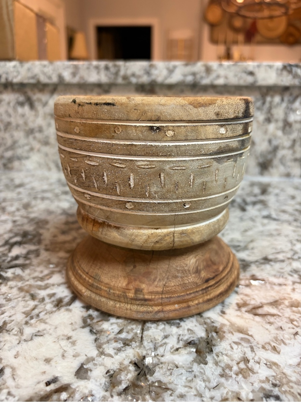 Vintage Handcrafted wooden Mortar on Wood Base - Beige and Natural Wood aged